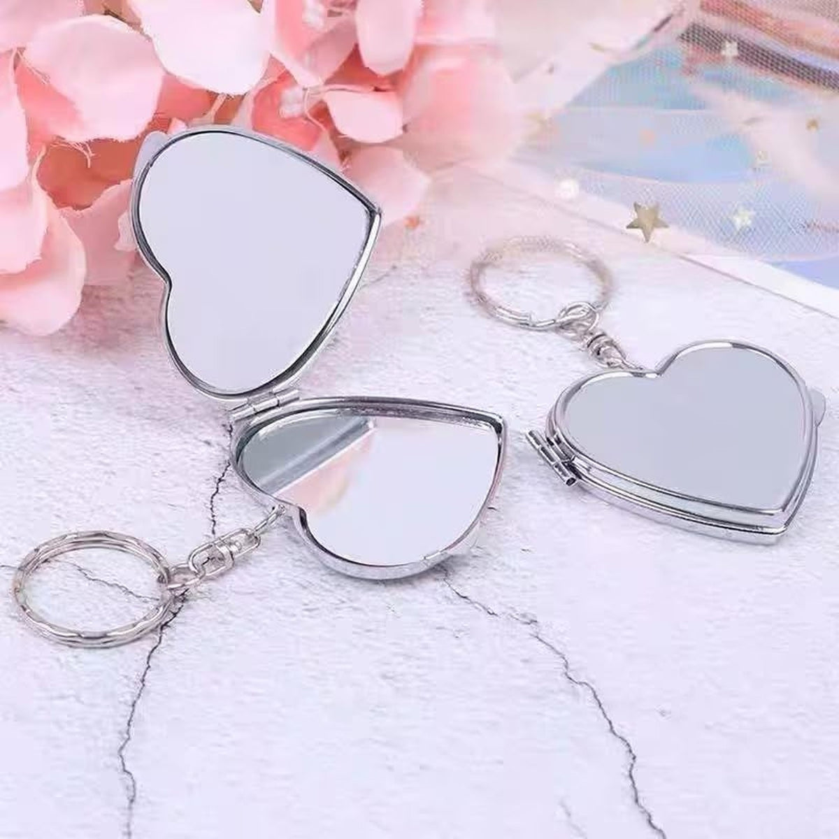 Silver Metal Heart-Shaped Pocket Mirror with Keychain - Travel & Makeup Accessory