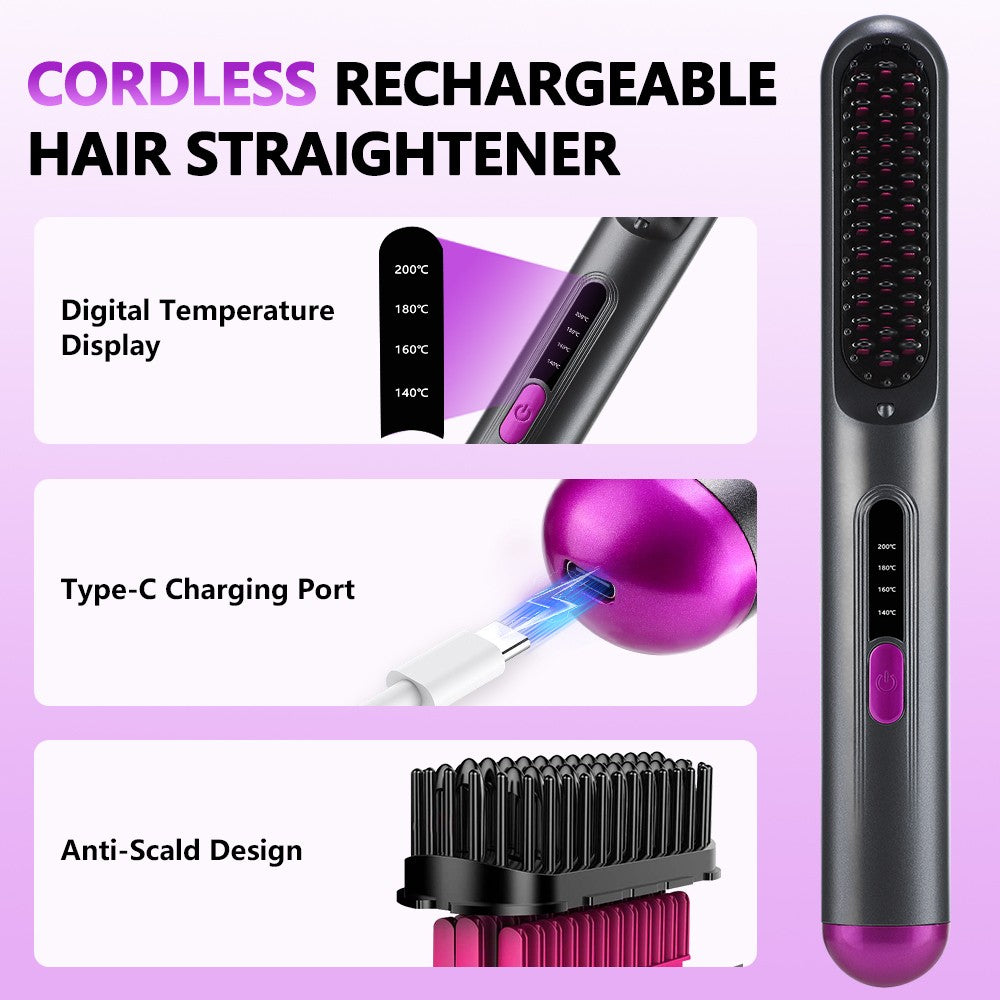 Portable USB Rechargeable Hair Straightening Comb with 4 Heat Levels