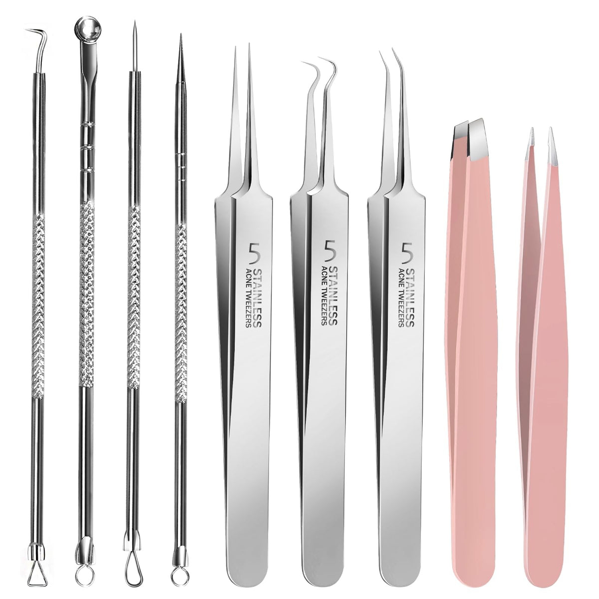 Professional Blackhead Tweezers Pimple Extractor Kit - 9 Pcs Facial Tools