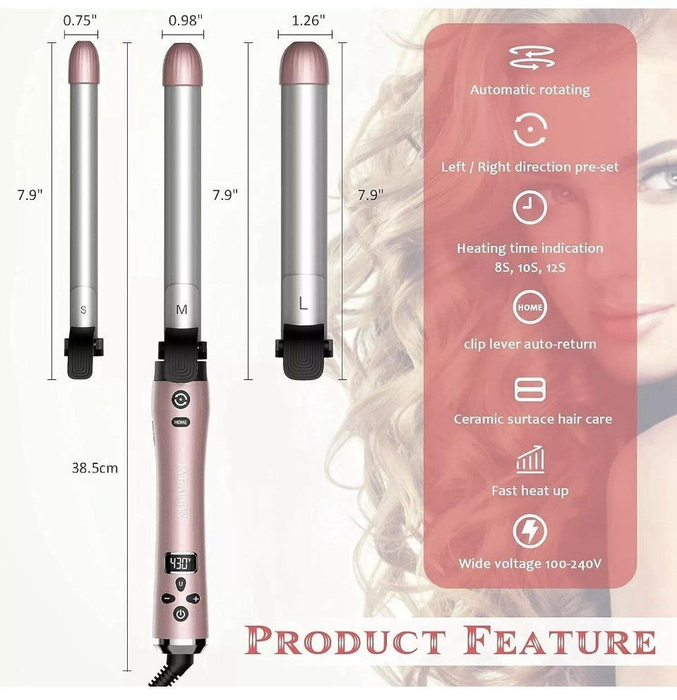 Lyealion 3-in-1 Automatic Hair Curling Iron with Replaceable Barrels - Pink