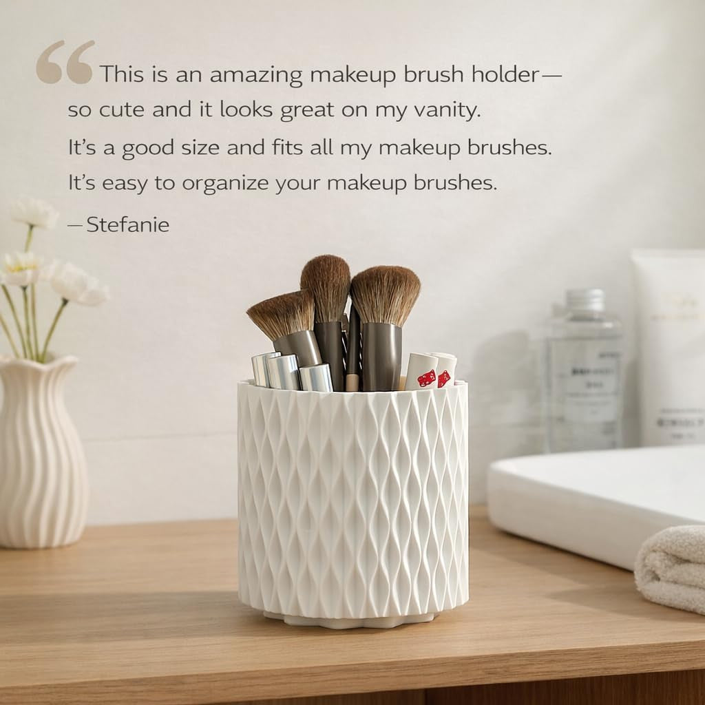 White Rotating Makeup Brush Organizer with 5 Compartments | Vanity & Desk Storage
