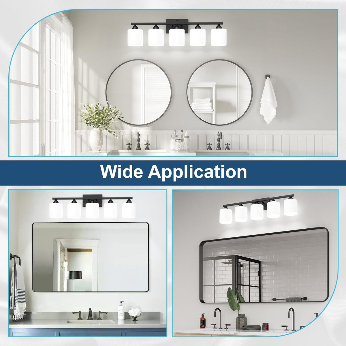 Black Bathroom Vanity Light Fixture with 5 White Glass Shades - Modern Wall Sconce