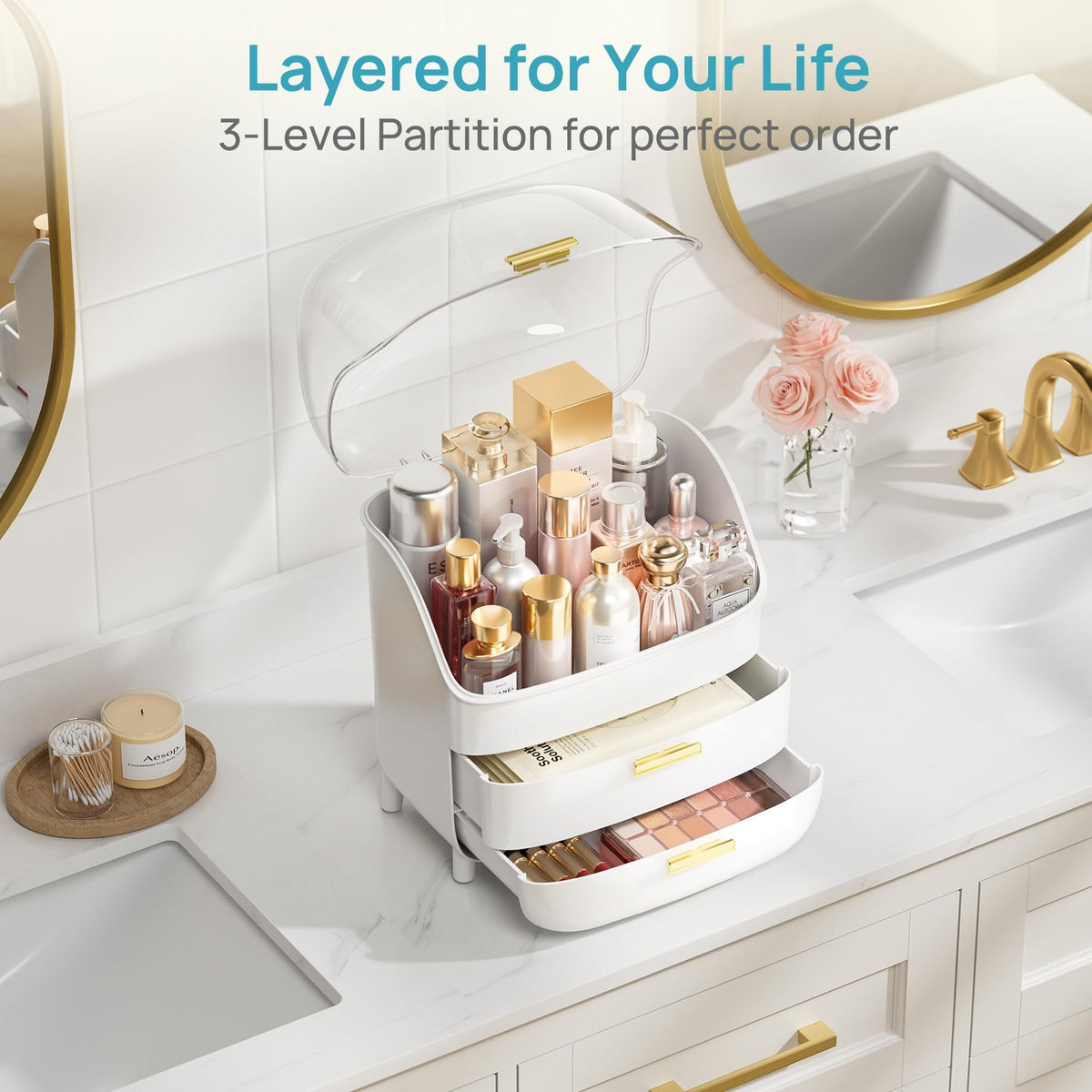 3-Tier Skincare Makeup Organizer with Drawers and Dustproof Lid - White