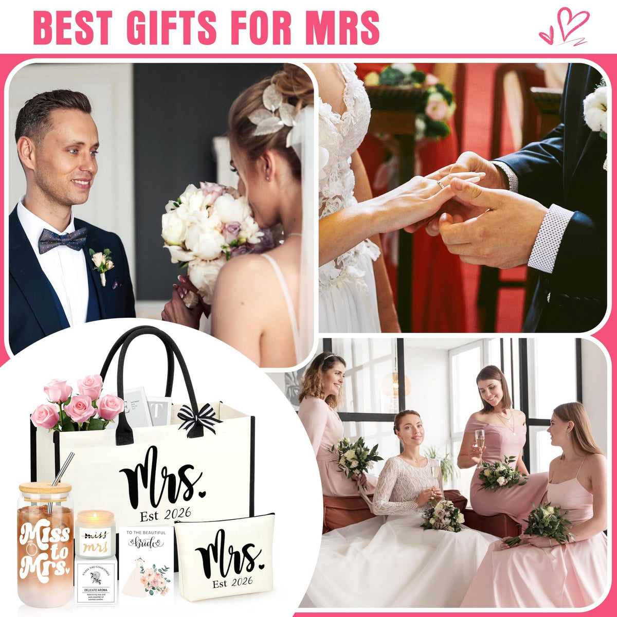 Bride Gift Set with Glass Cup Tote Cosmetic Pouch & Greeting Card - Bridal Shower & Wedding