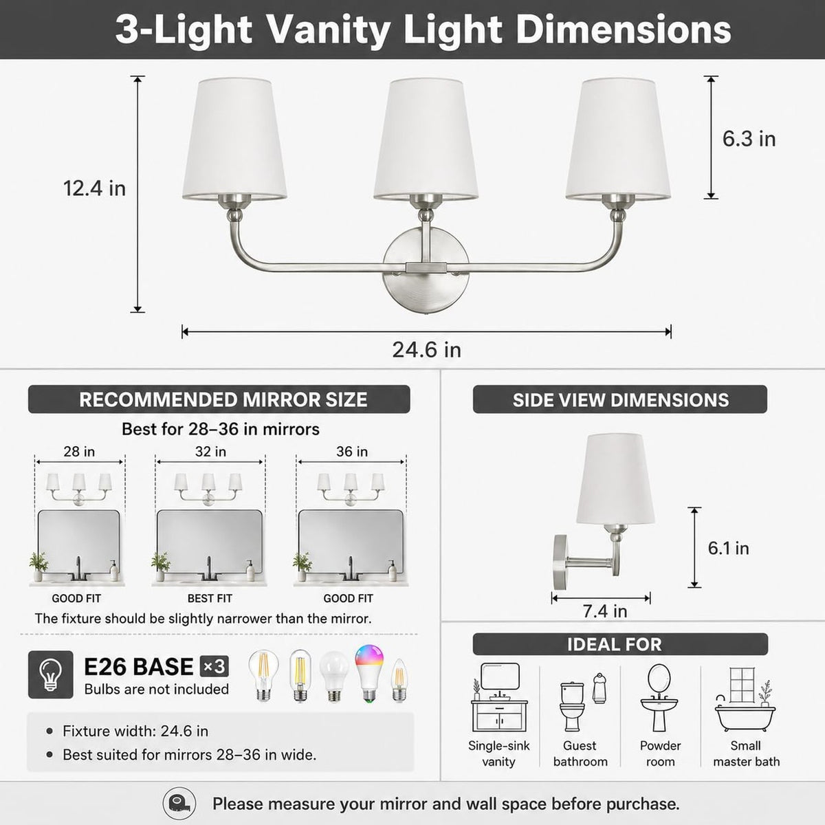3-Light Brushed Nickel Bathroom Vanity Light Fixture with Fabric Shade