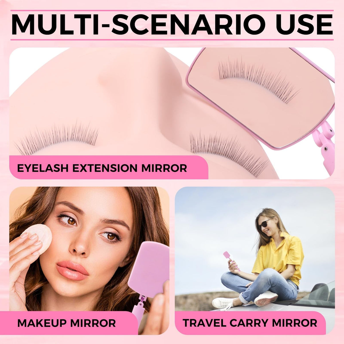 Large Folding Lash Mirror with 260° Rotation for Eyelash Extensions - Portable Pink Eyewear
