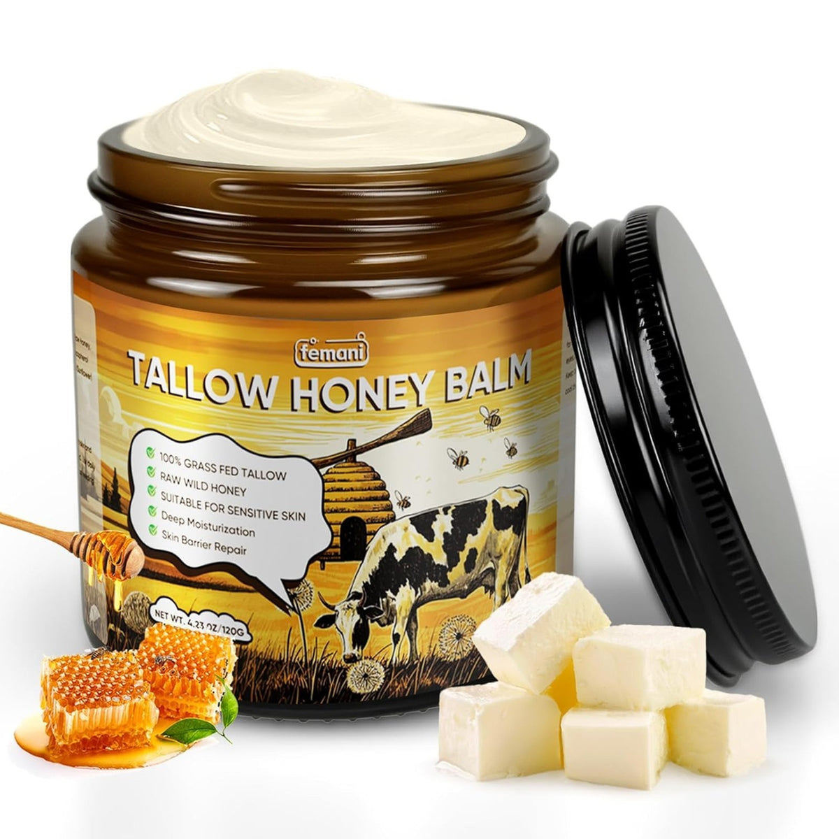 Beef Tallow Face and Body Balm 4 Oz Organic Grass-Fed Raw Honey