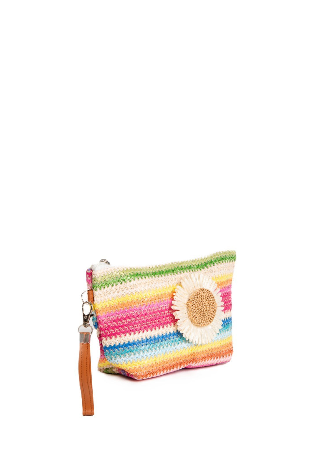 Large Travel Pouch with Multi-Colored Stripes and Daisy Pattern, Zipper Closure