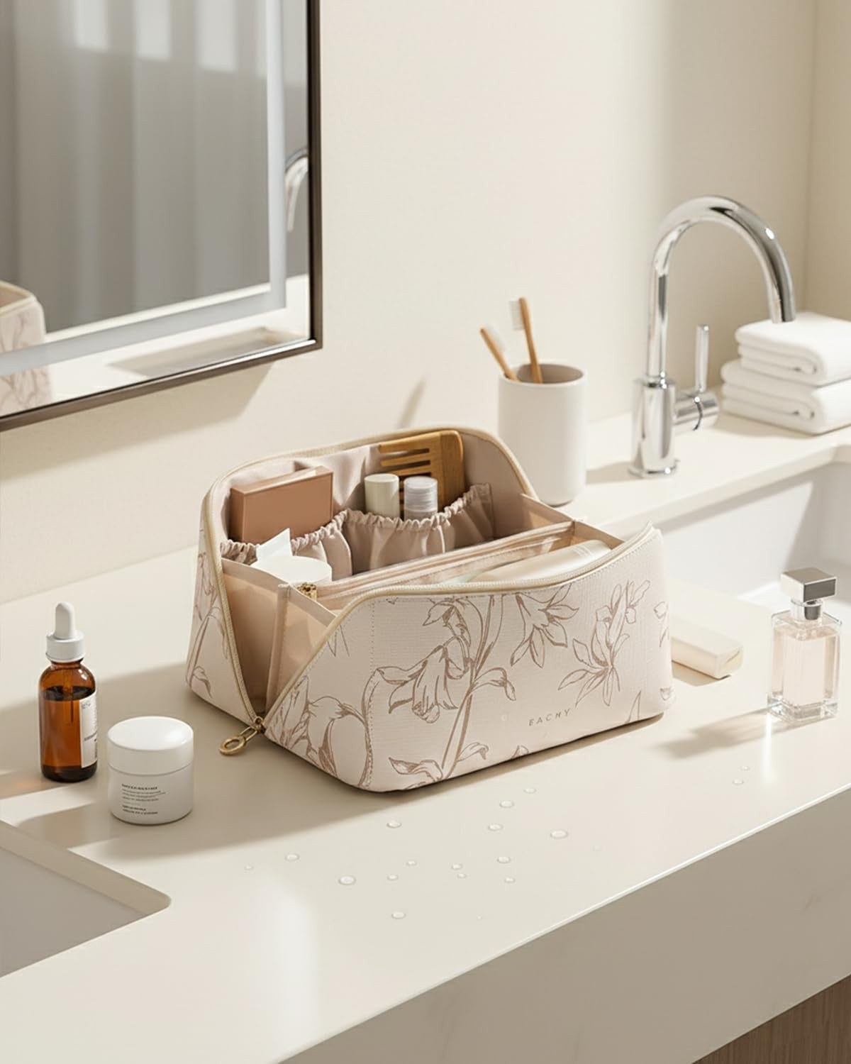 Travel Makeup Bag with Water-Resistant PU Leather, Floral Design, Medium Size