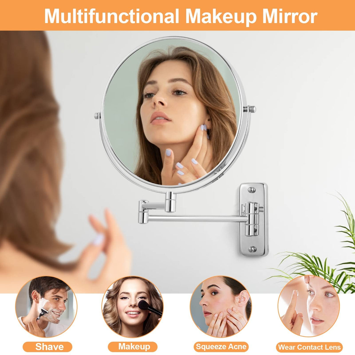 8-Inch Wall Mounted Makeup Mirror with 1X/10X Double Sided Magnification - Chrome