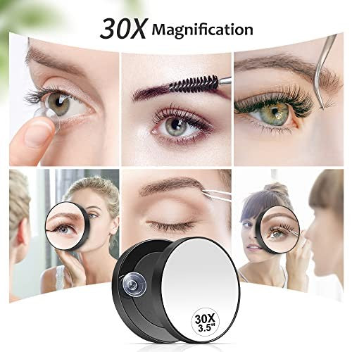 30X Magnifying Mirror with Suction Cup & Tweezers - Small Portable Makeup Mirror