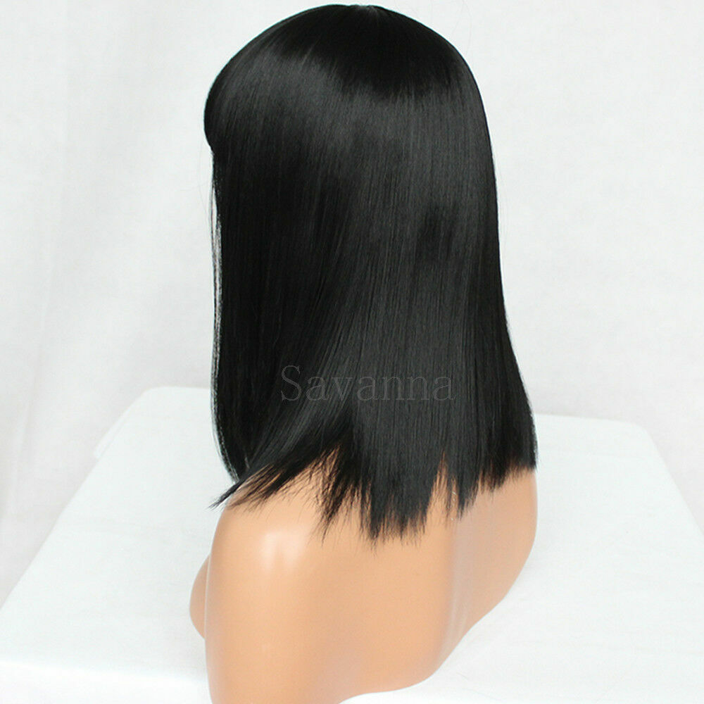 Black Short Bob Wig with Bangs - Straight Blunt Cut Shoulder Length Hair for Women
