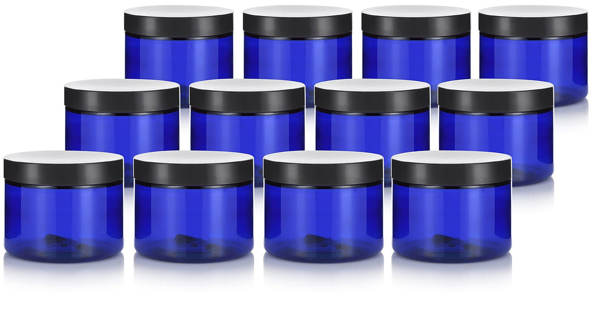 12 Pcs 6 oz Cobalt Blue PET Plastic Jars with Black Airtight Lids