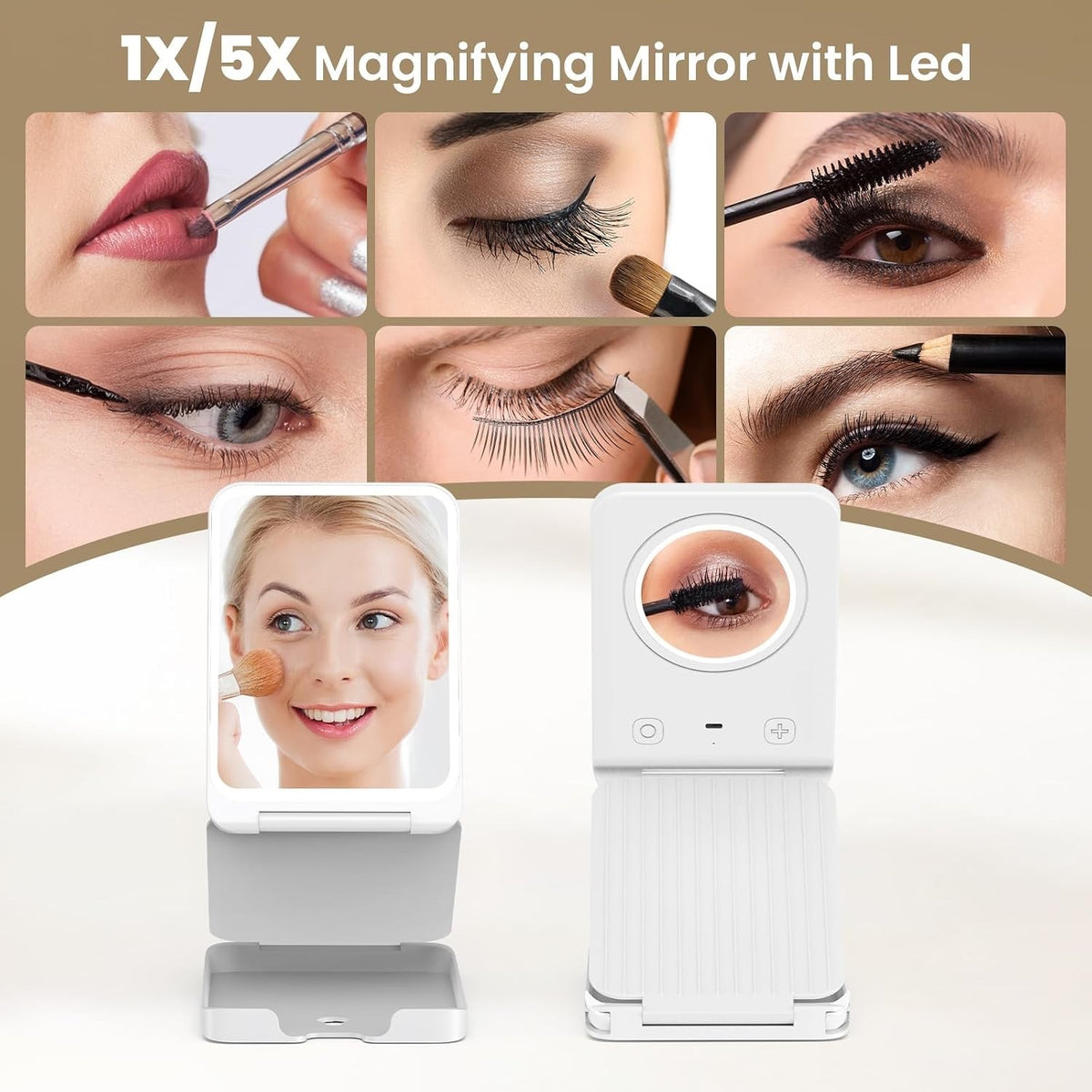 Travel Makeup Mirror with Lights 5X Magnification, 3 Color LED Modes, Rechargeable Portable Vanity