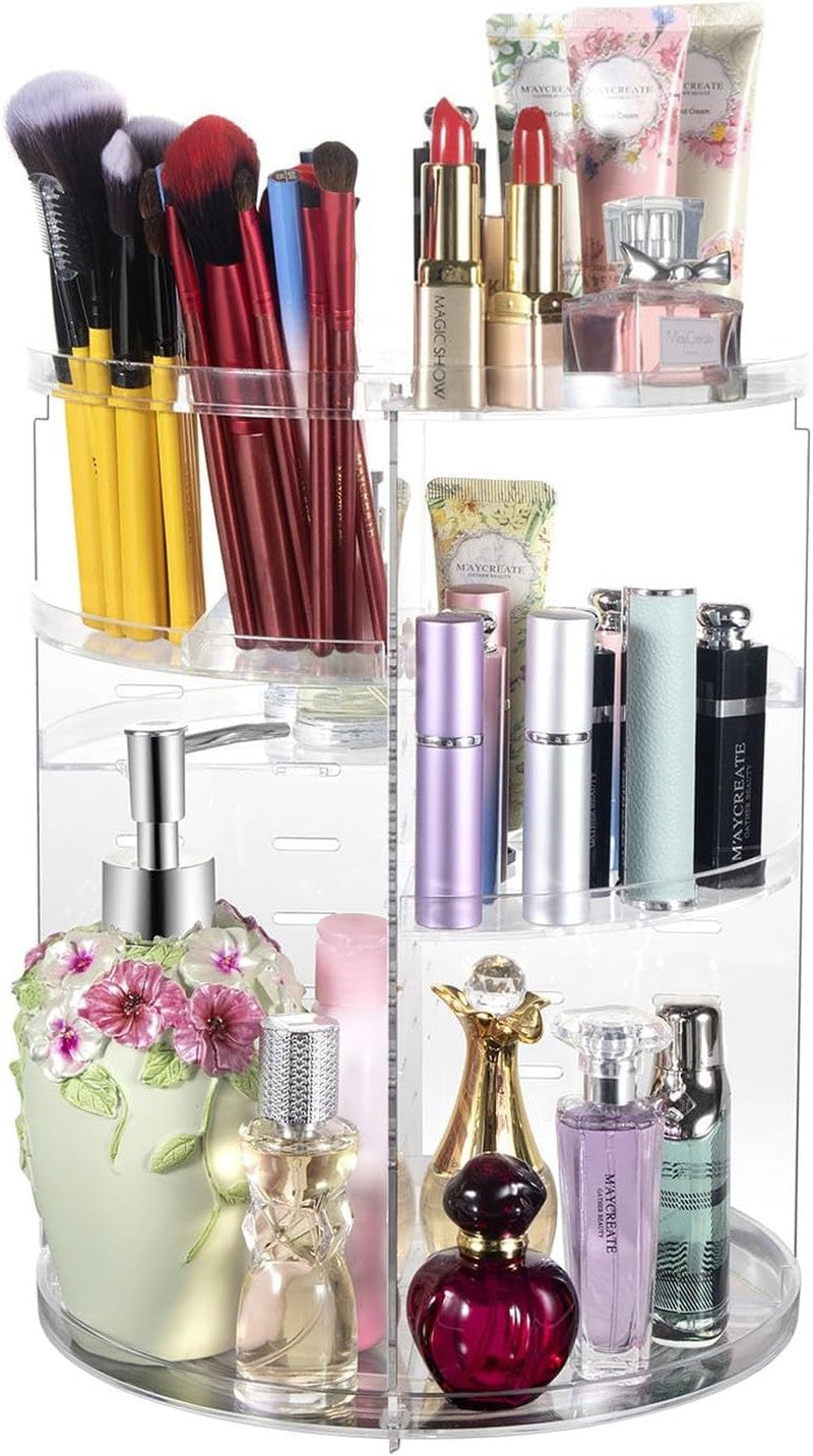 360° Rotating Makeup Organizer with Adjustable Compartments & Spinning Storage Shelf