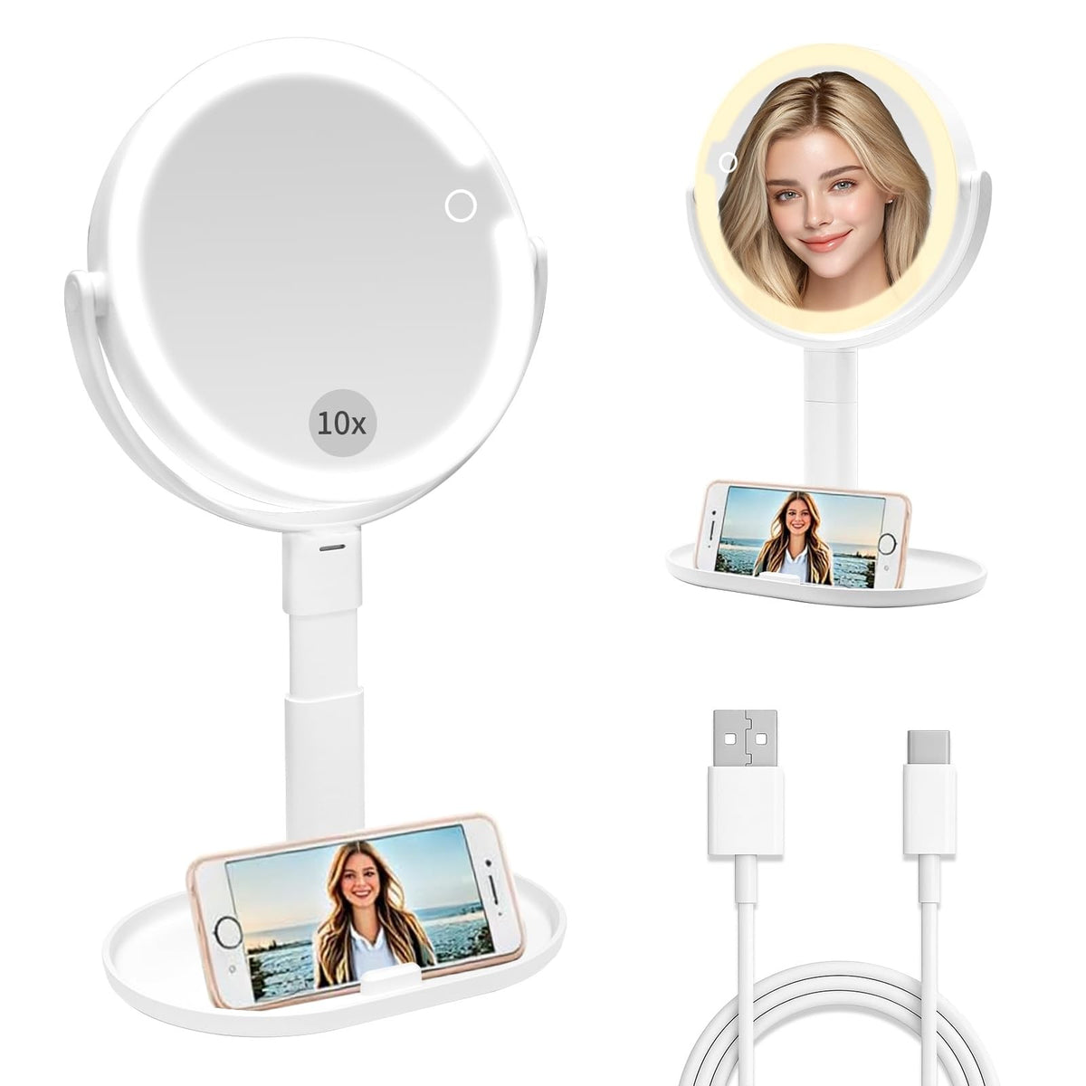 LED Lighted Dual-Sided Makeup Mirror 1X/10X with Brightness & Color Control