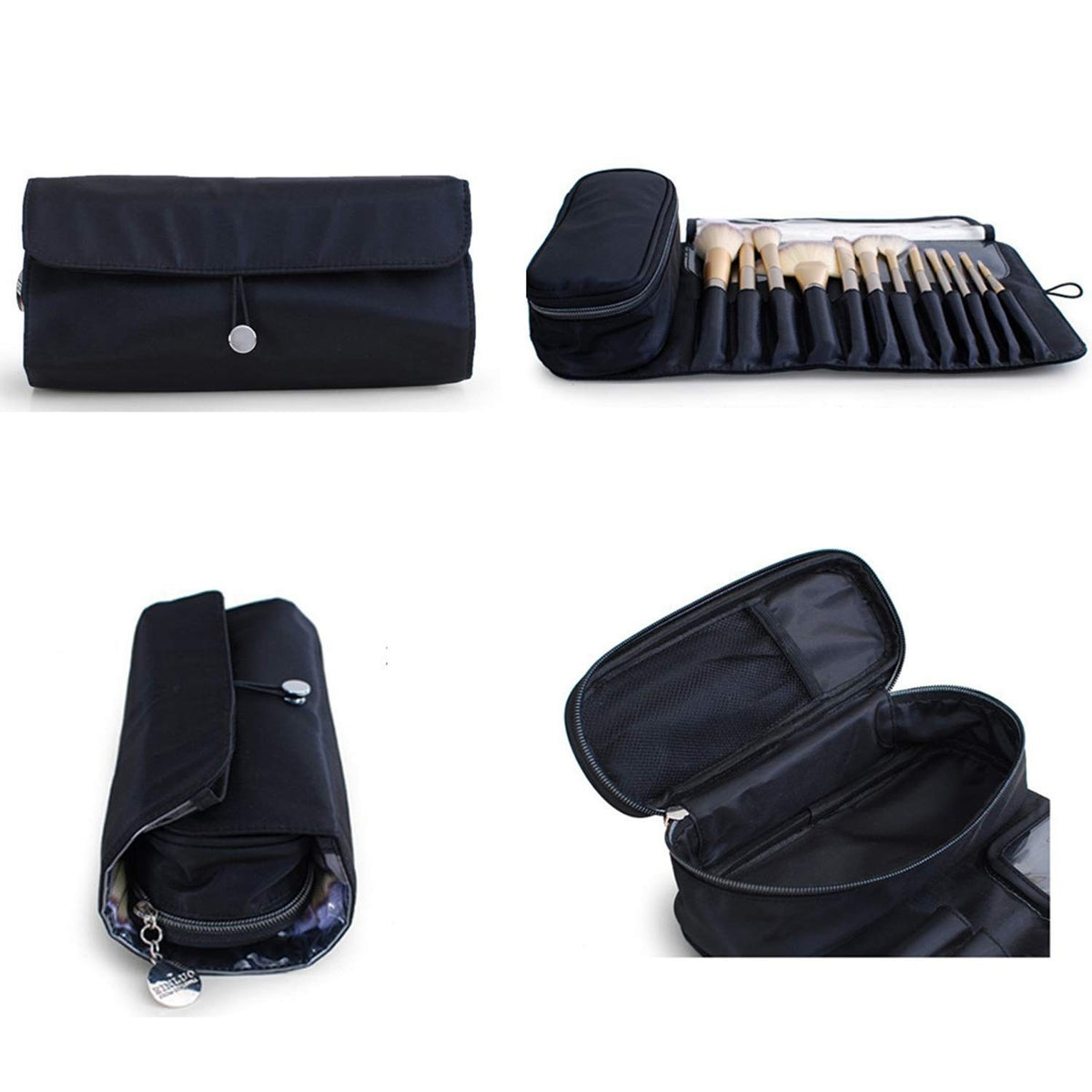 Travel Makeup Brush Bag Organizer Roll-Up Case with Water-Resistant Nylon