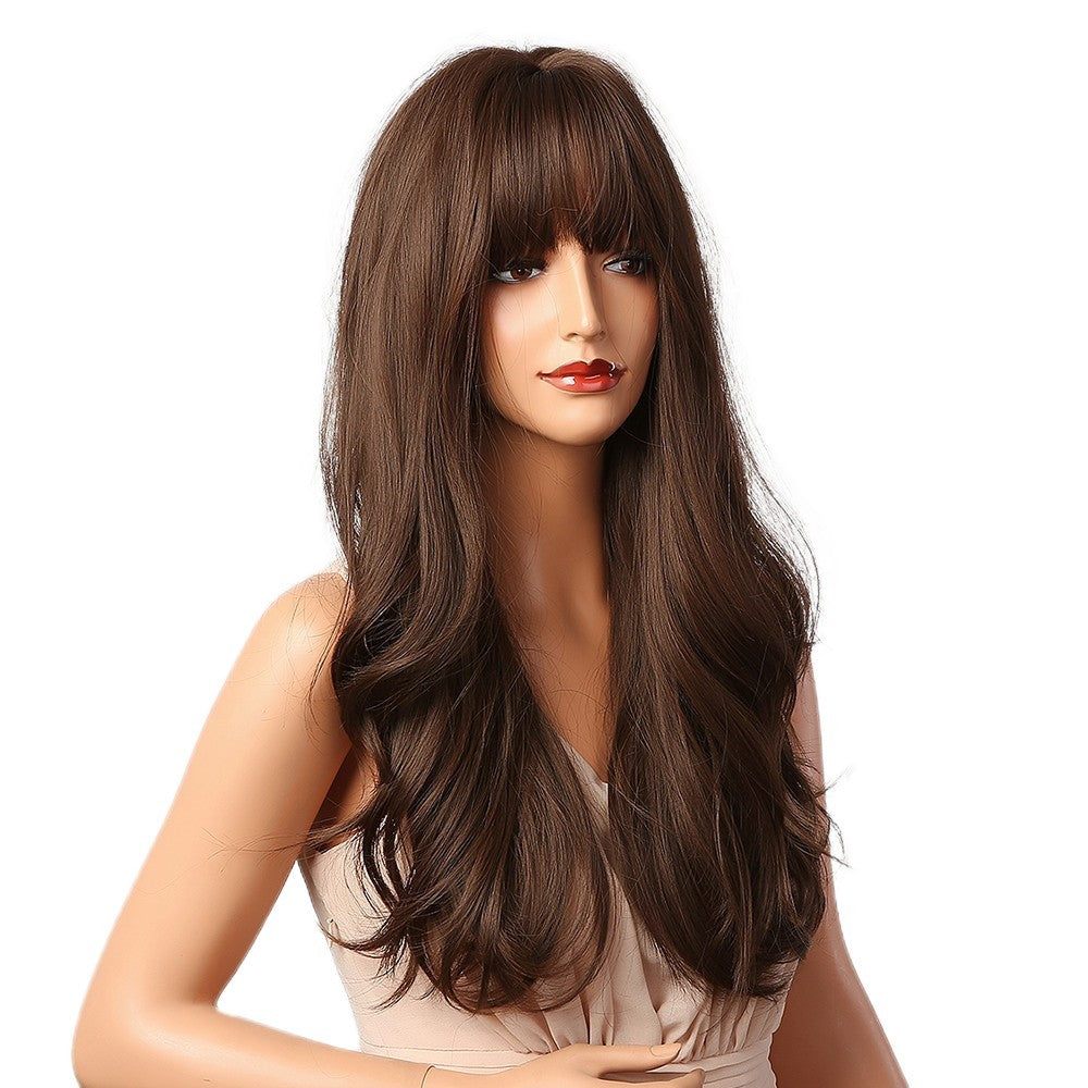 Dark Brown Costume Wig with Bangs - Synthetic, Long Wavy, Heat-Resistant