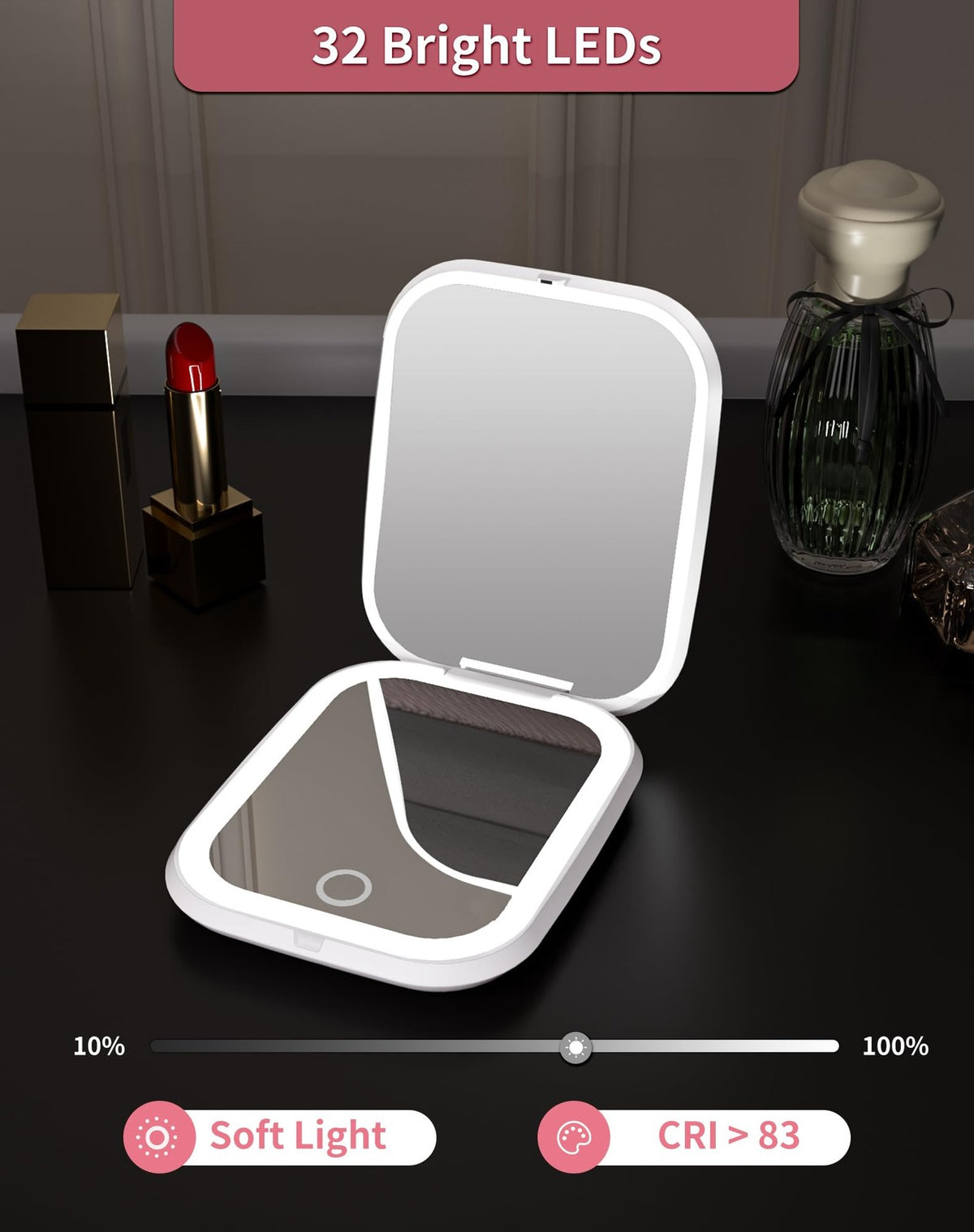 Rechargeable LED Compact Pocket Mirror with Light and 5X Magnification