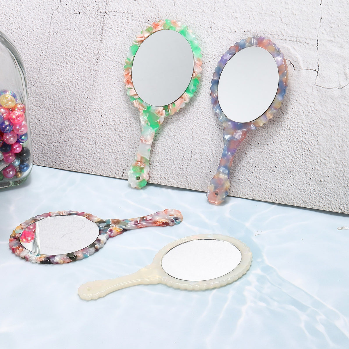 Oval Handheld Mirror - Portable Retro Chic Compact Makeup Mirror - Beige