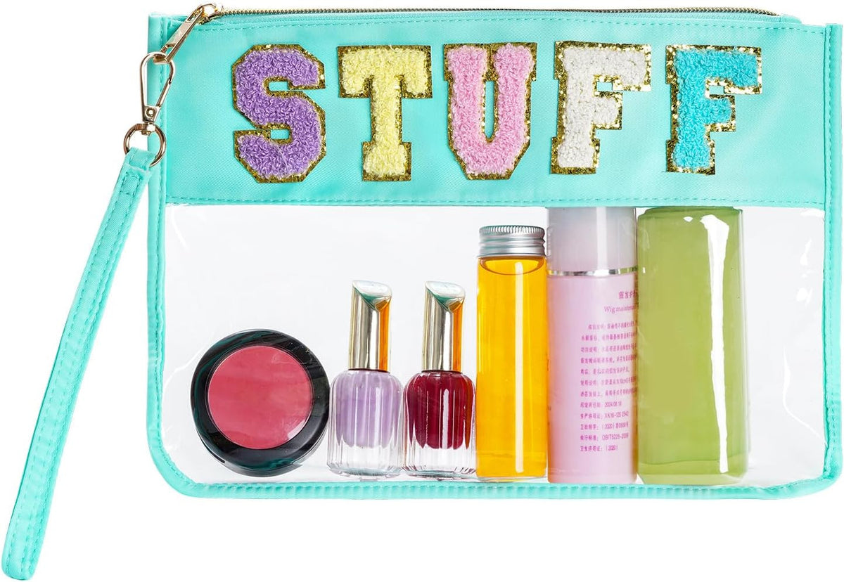 Clear Makeup Bag with Chenille Letter Design, Zipper Closure, Travel Organizer