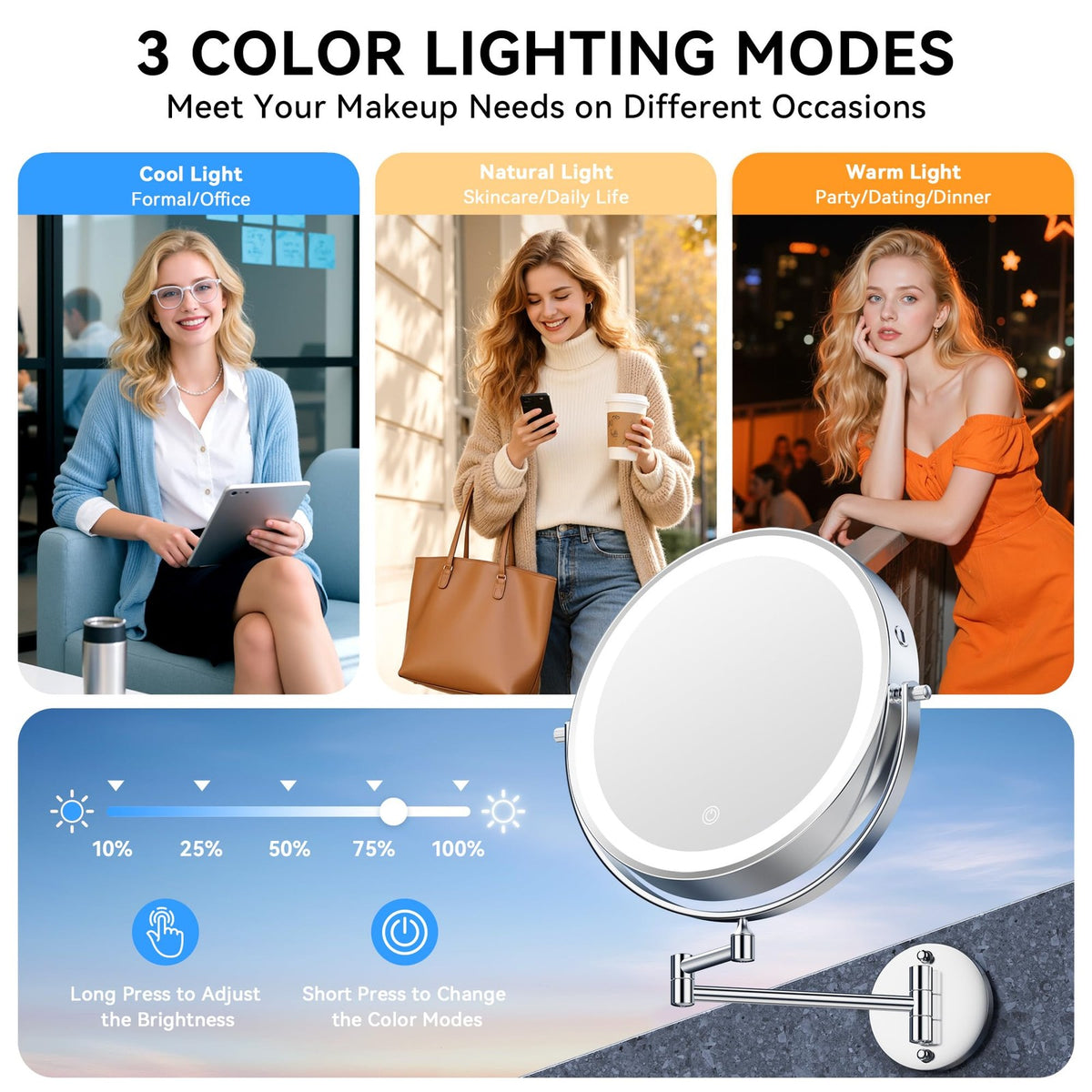 10-Inch Wall Mounted Lighted Makeup Mirror with 30X Magnification and Rechargeable LED