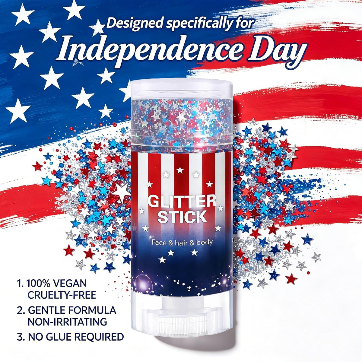 Patriotic Body Glitter Stick for 4th of July & Patriotic Celebrations - Red, Blue, Silver