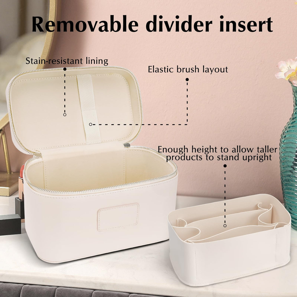 Leather Makeup Organizer Bag with Removable Divider - Waterproof Travel Cosmetic Case