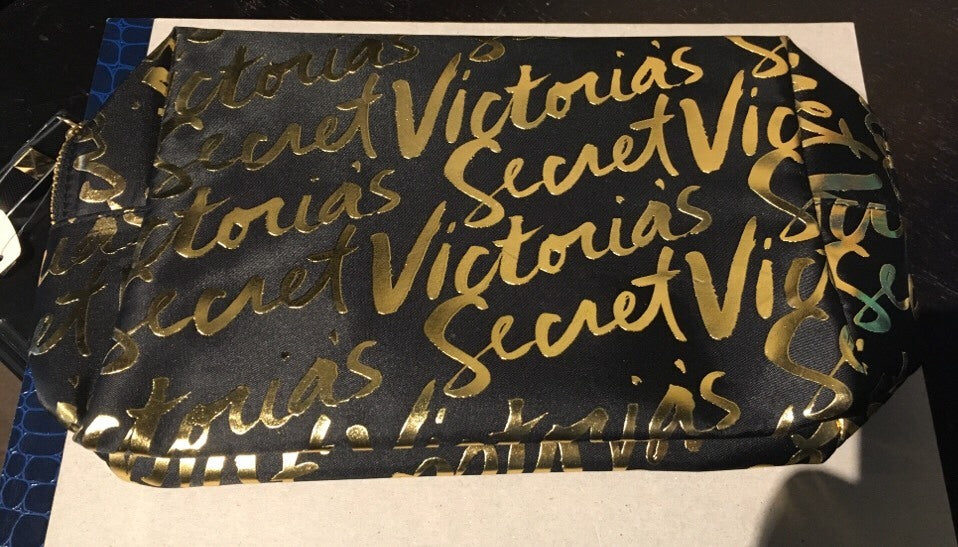 Victoria's Secret Black and Gold Nylon Cosmetic Bag - Travel Toiletry Organizer