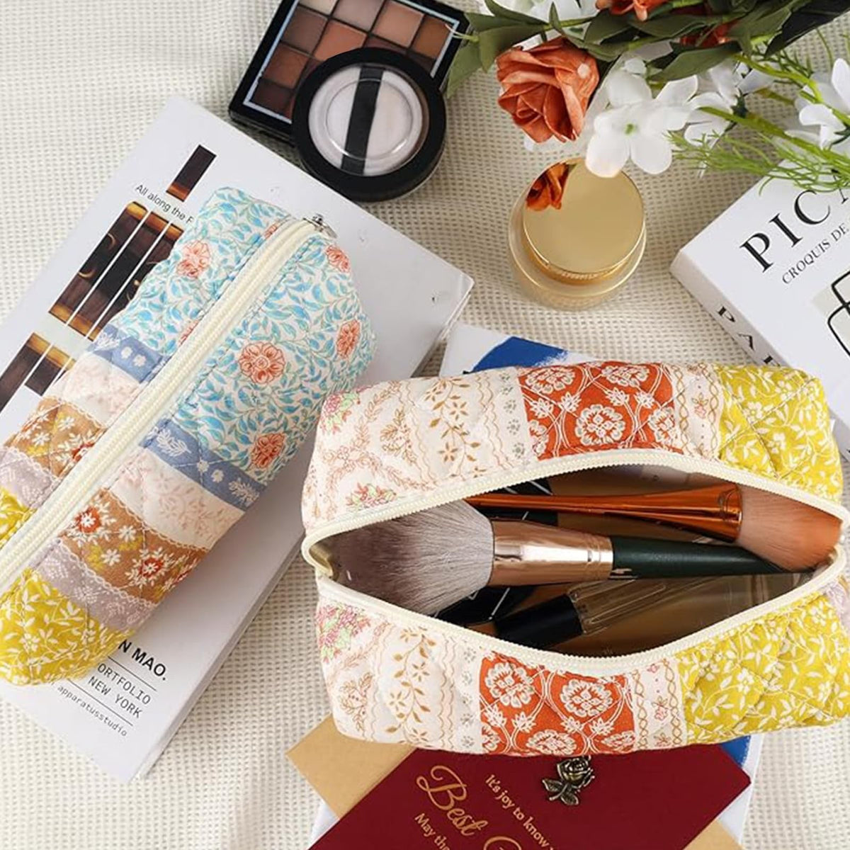 2-Pack Floral Makeup Bags - Travel Cosmetic Organizer with Spacious Interior