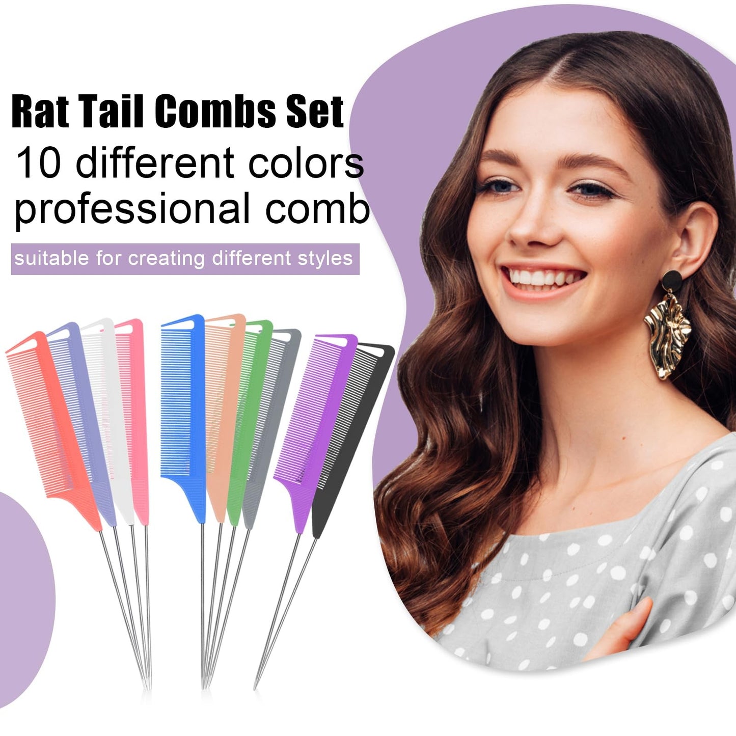 Rainbow Hair Teasing Comb Set - 10 PCS Fine Tooth Styling Tools