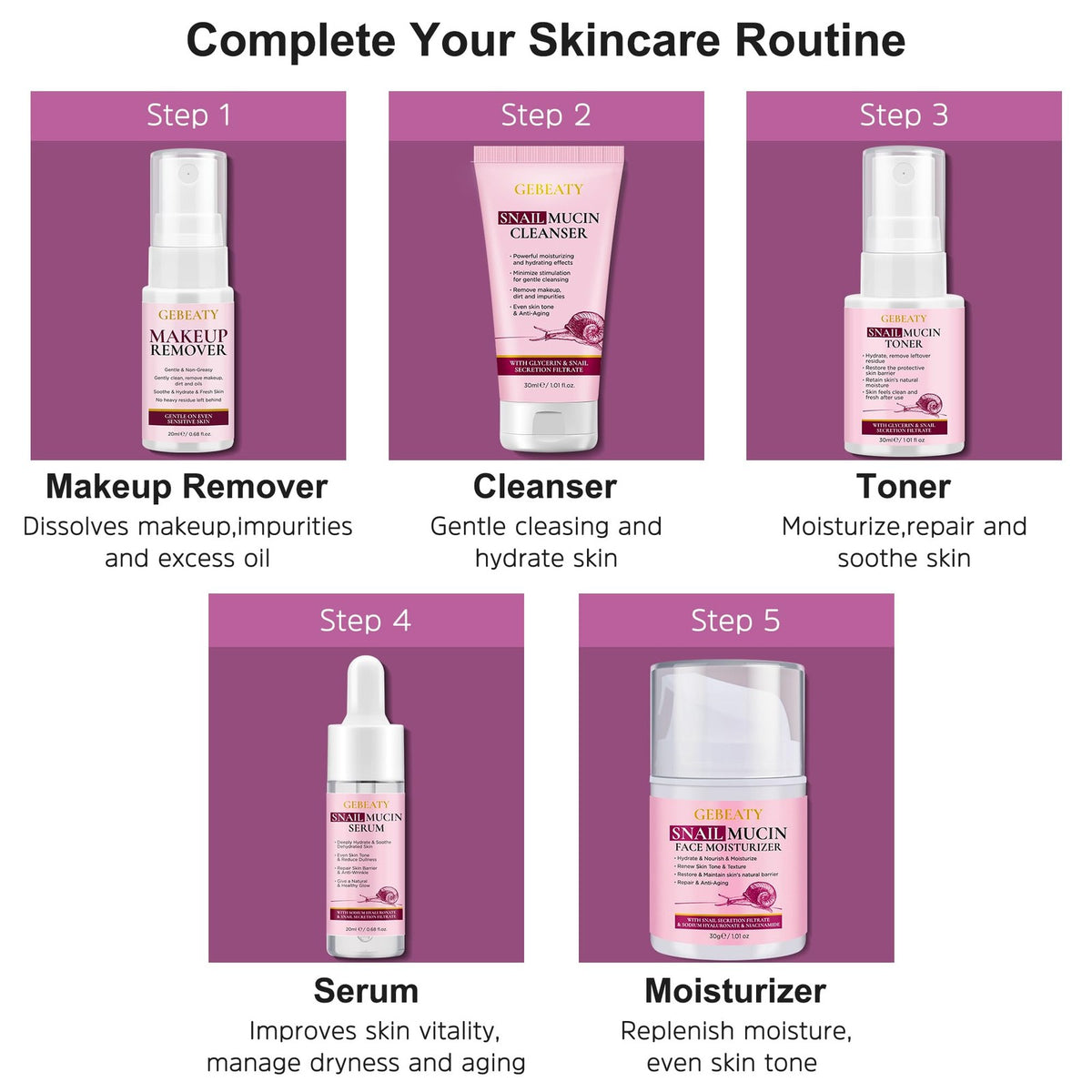 Korean Snail Mucin Skin Care Set for Women & Teens - 5 Piece Collection