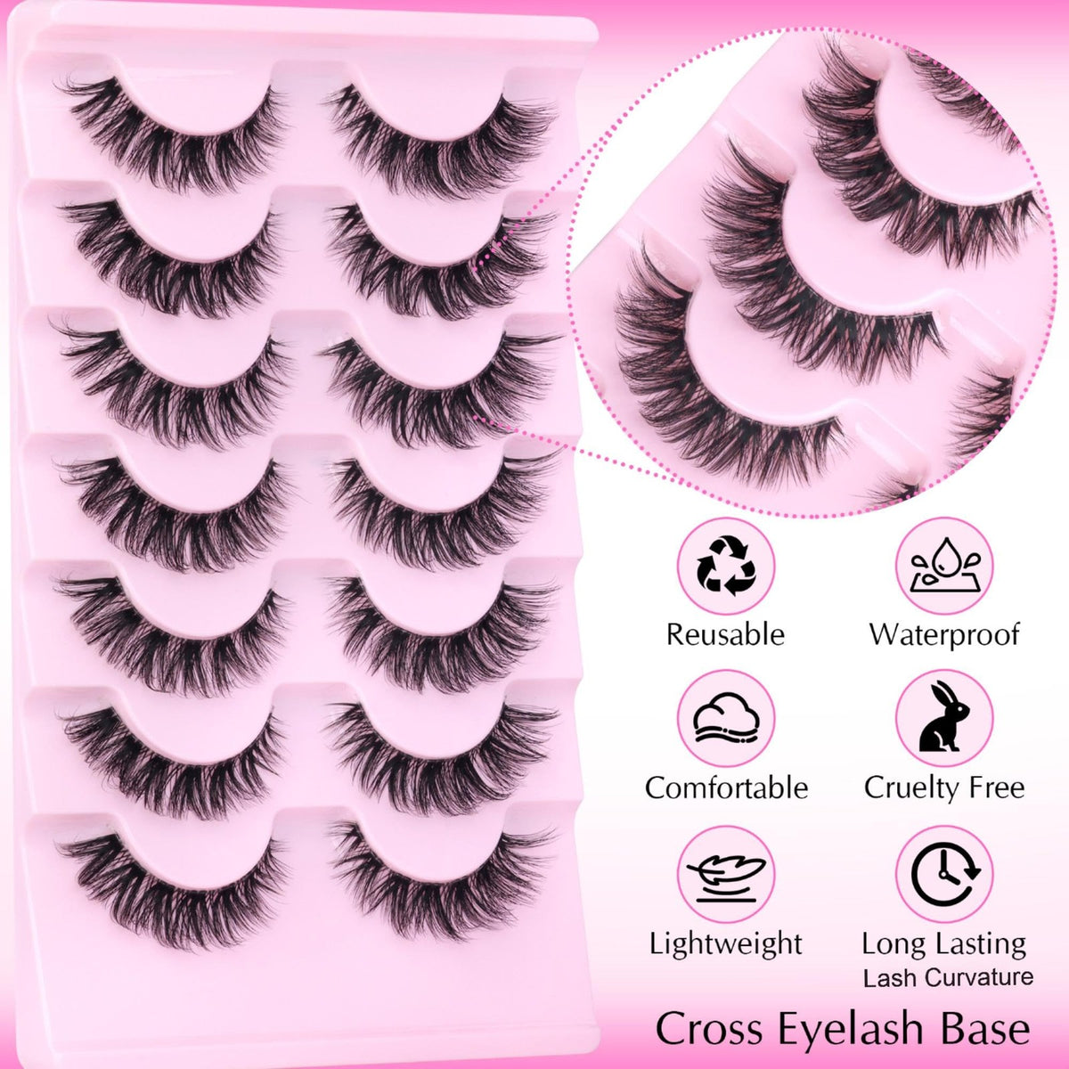 False Eyelashes Wispy Cat Eye Lashes 7 Pairs with Clear Band for Natural Look