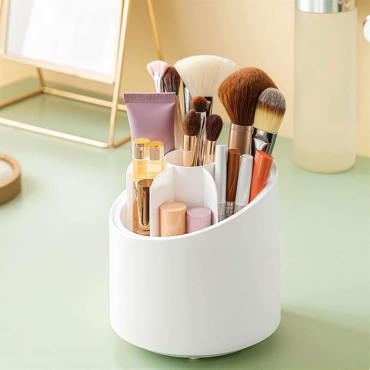 Rotating Makeup Brush Organizer with 6 Compartments - Dustproof Beauty Storage