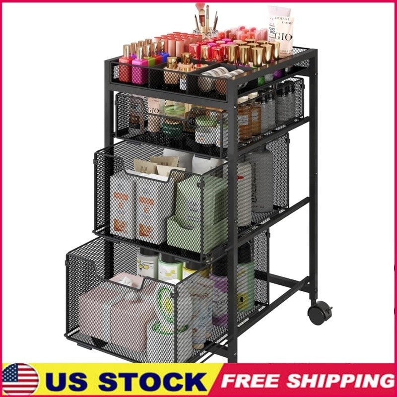3-Drawer Rolling Makeup Organizer Cart with Dividers - Black