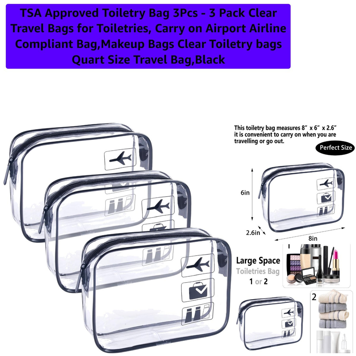 TSA Compliant Clear Travel Bags 3-Pack for Makeup & Toiletries