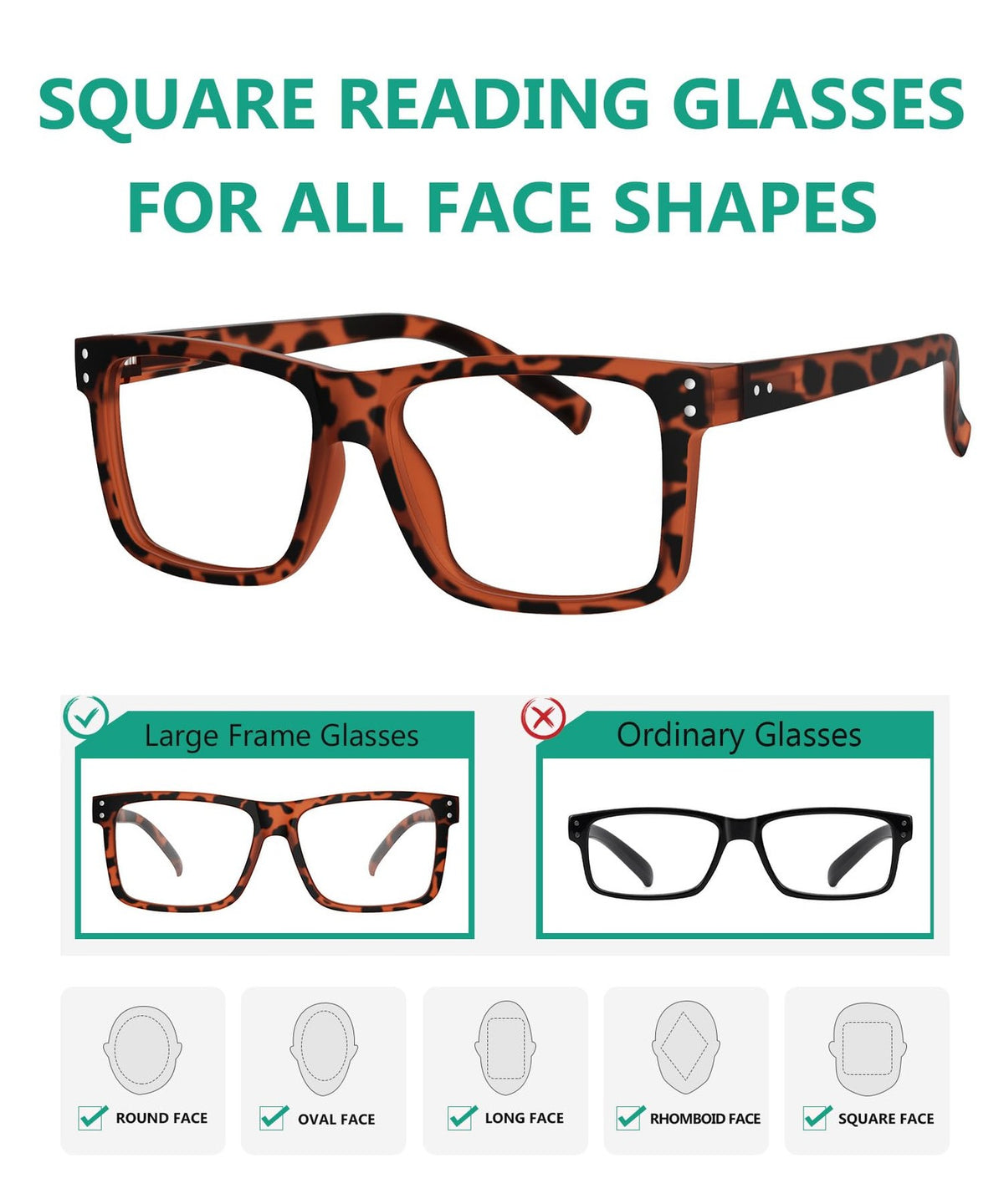 Oversized Square Reading Glasses +1.50 5-Pack Mix Color for Men & Women