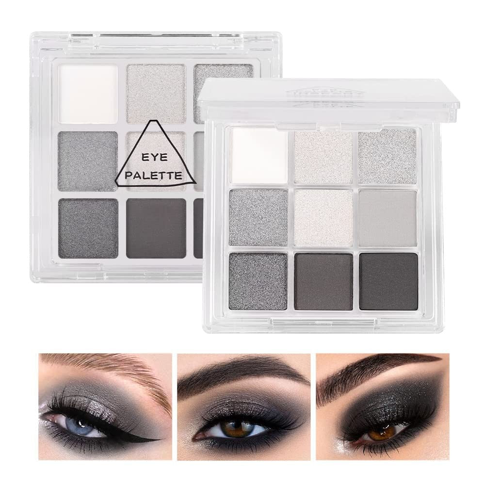 Black Smokey Silver Glitter Eyeshadow Palette - 9 Cool Tones, Waterproof & Long-Lasting