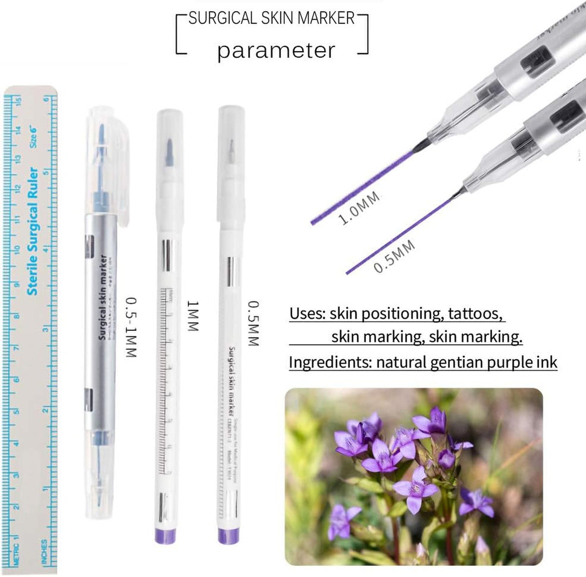 Sterile Surgical Skin Marker Pen Set for Medical and Cosmetic Use - 0.5mm & 1mm Tips