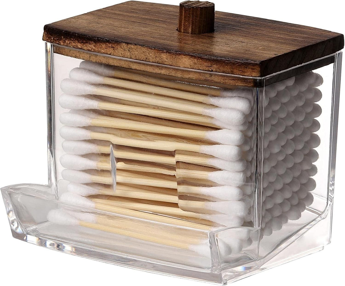Cotton Swab Holder with Wooden Lid - Stylish Bathroom & Desk Organizer
