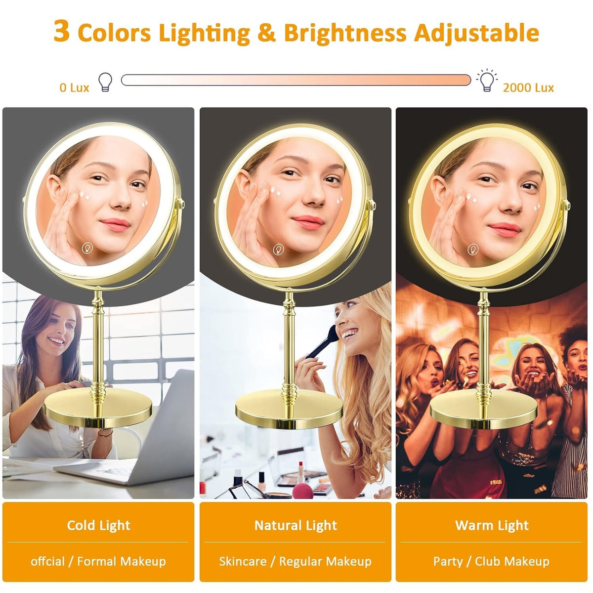 Rechargeable Lighted Makeup Mirror with 10X Magnification and 3 Lighting Modes - Gold