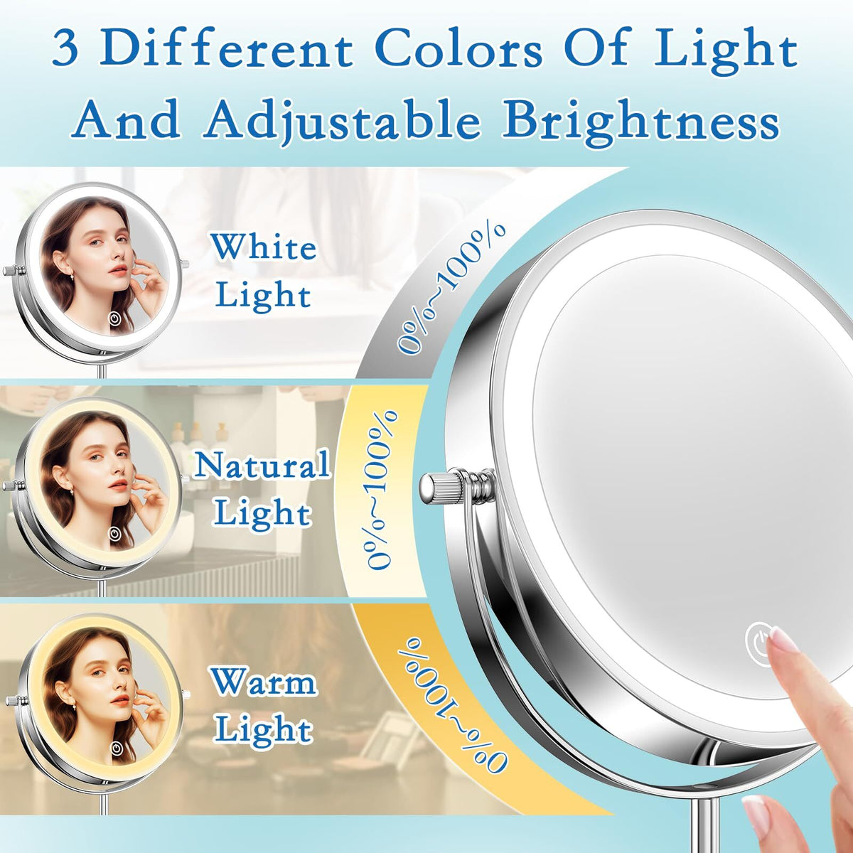 7-Inch Rechargeable Double Sided Lighted Vanity Mirror with 10X Magnification & Adjustable Height