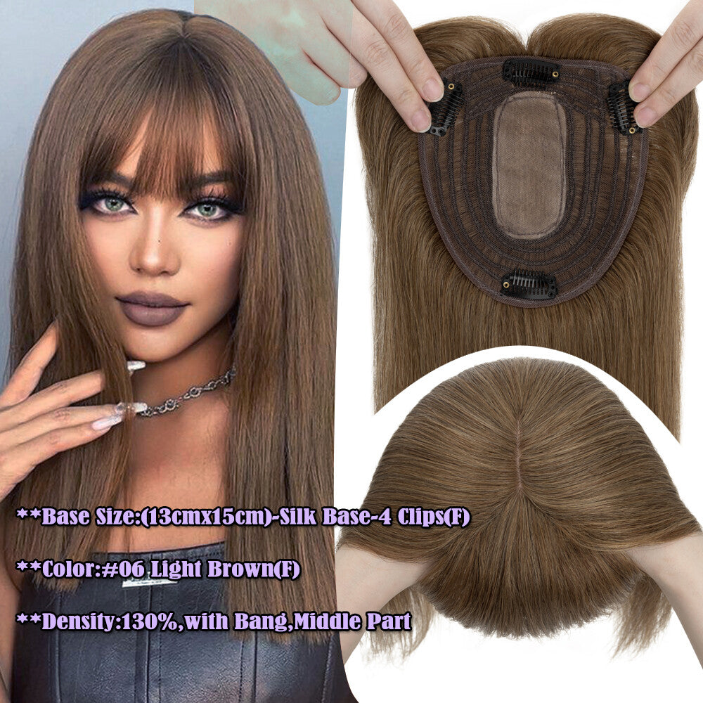 Remy Human Hair Topper Clip-In Hairpiece with Silk Base for Women