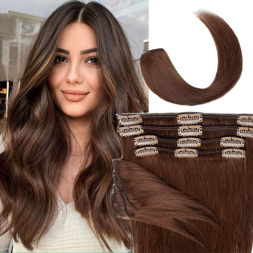 Clip-In Human Hair Extensions Full Head 8 Pieces Remy Hair for Volume & Length