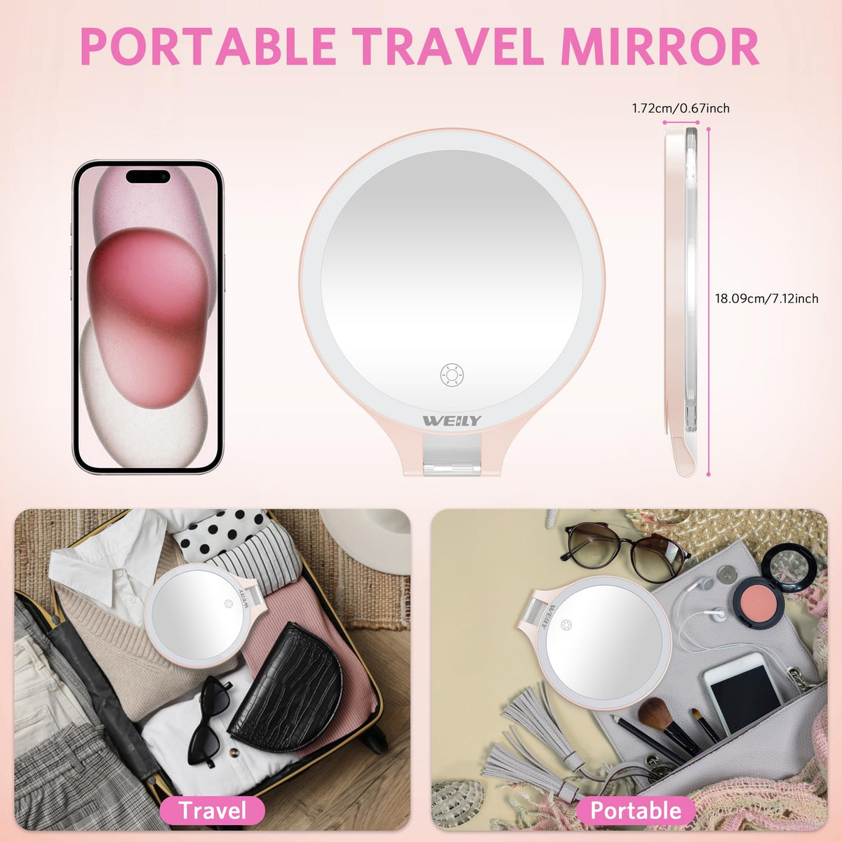 Rechargeable LED Travel Makeup Mirror 10X/1X Double-Sided with Light