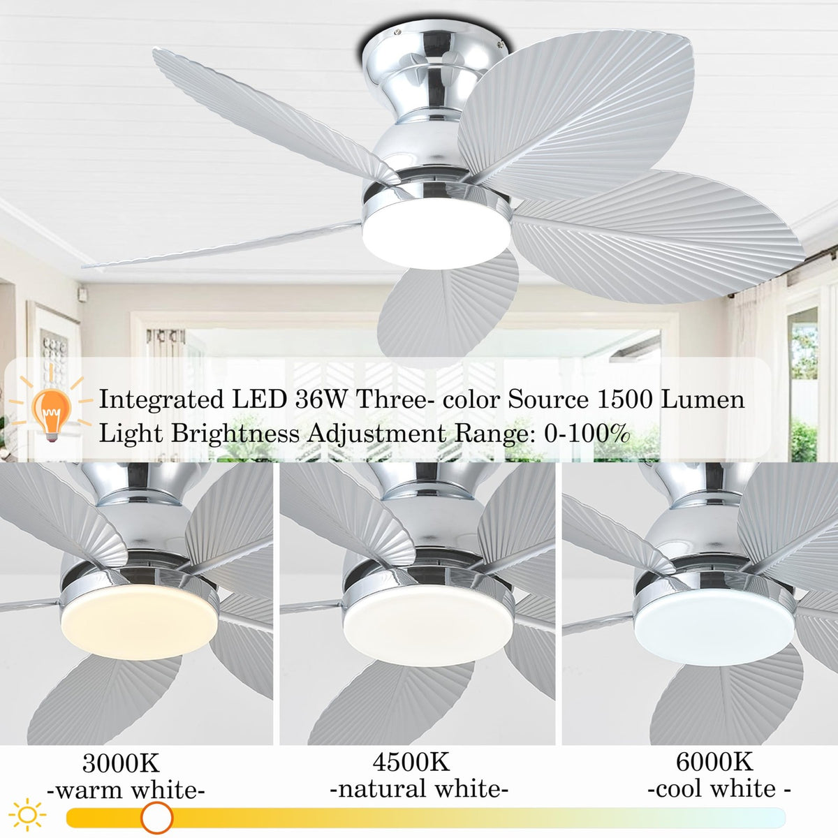 38-Inch Modern Ceiling Fan with Light and Remote Control, Reversible Blades