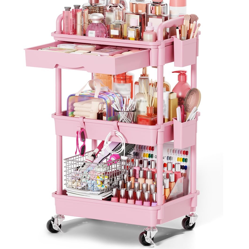 Pink 3-Tier Rolling Makeup Organizer Cart with Removable Drawer