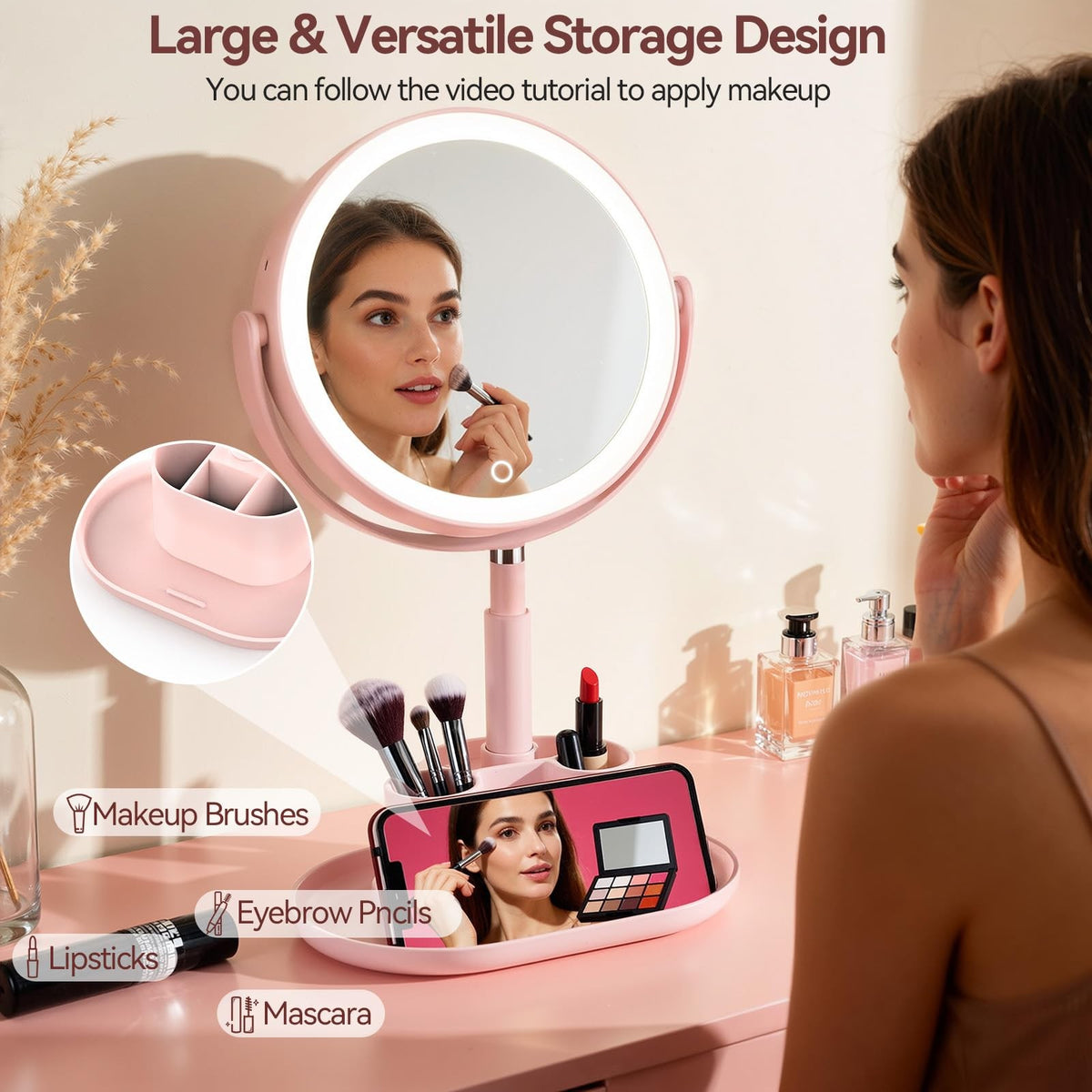 20X Magnifying Lighted Vanity Mirror with Storage - Double Sided Makeup Mirror