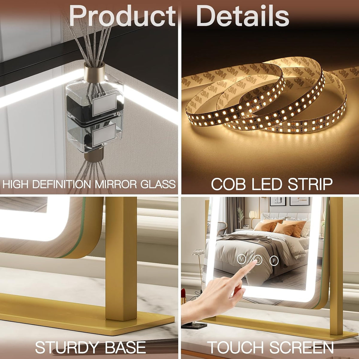 LED Lighted Makeup Mirror with Touch Control, Dimmable 15x12.6 Inches
