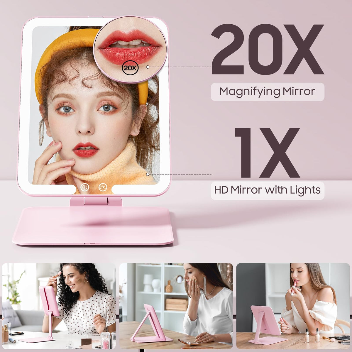 Benbilry Foldable Travel Makeup Mirror with Lights & 20X Magnification